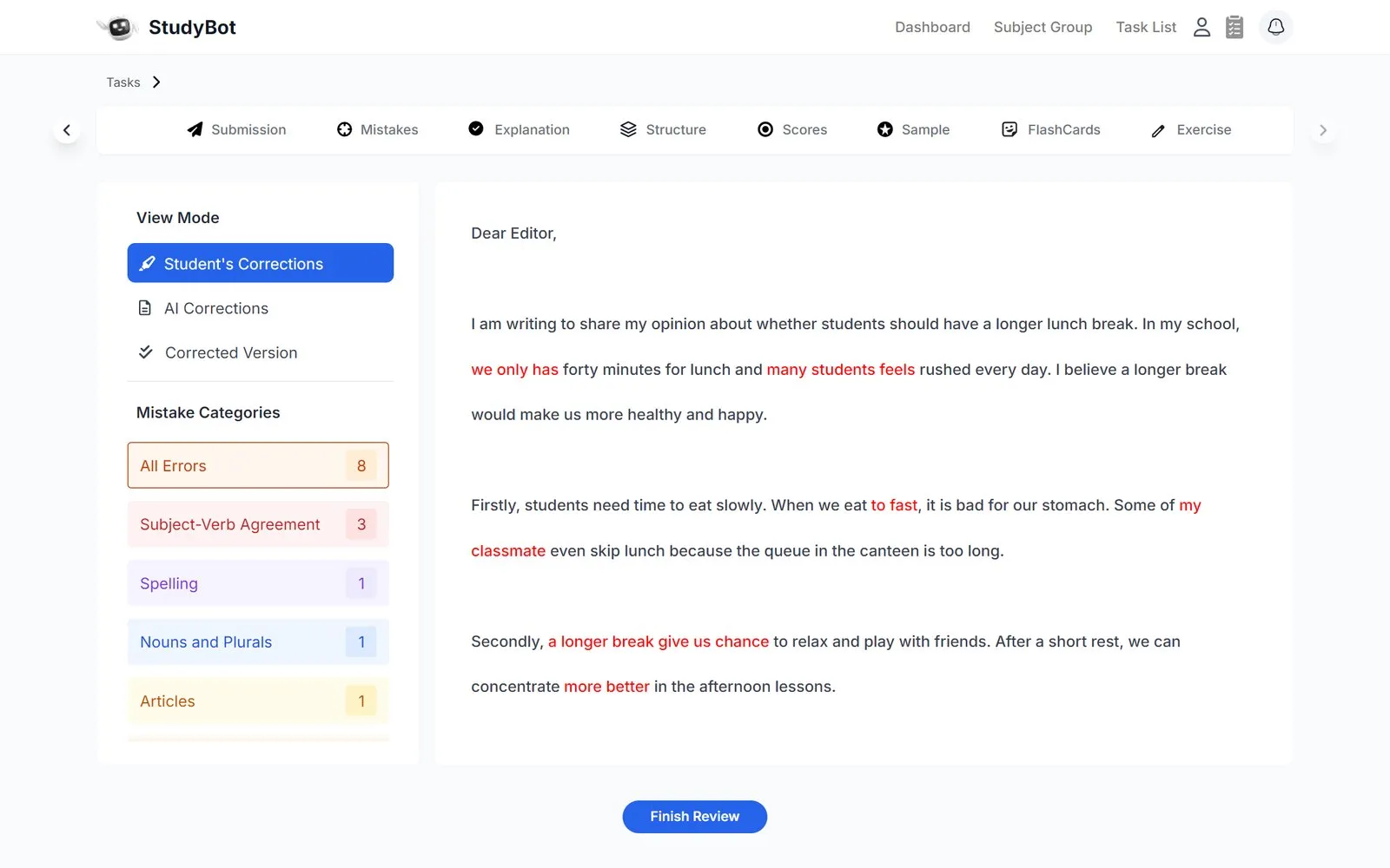 Teacher review of a student letter, with AI-flagged errors grouped by category (sample data)