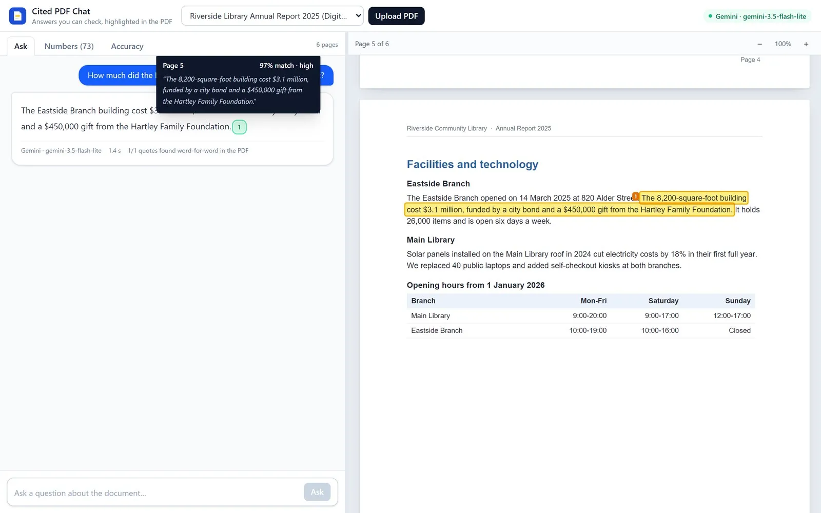 Answer with a verified citation. Hovering shows the quoted PDF text and its match score