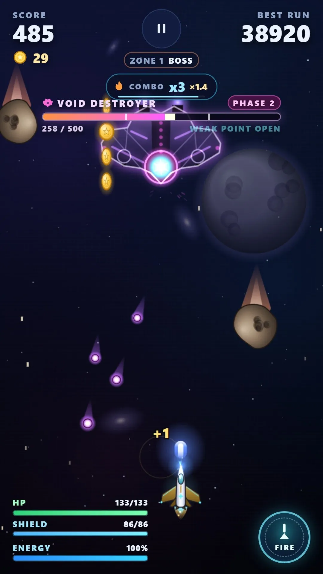 Boss fight against the Void Destroyer in phase 2, with its weak point open and a x3 combo