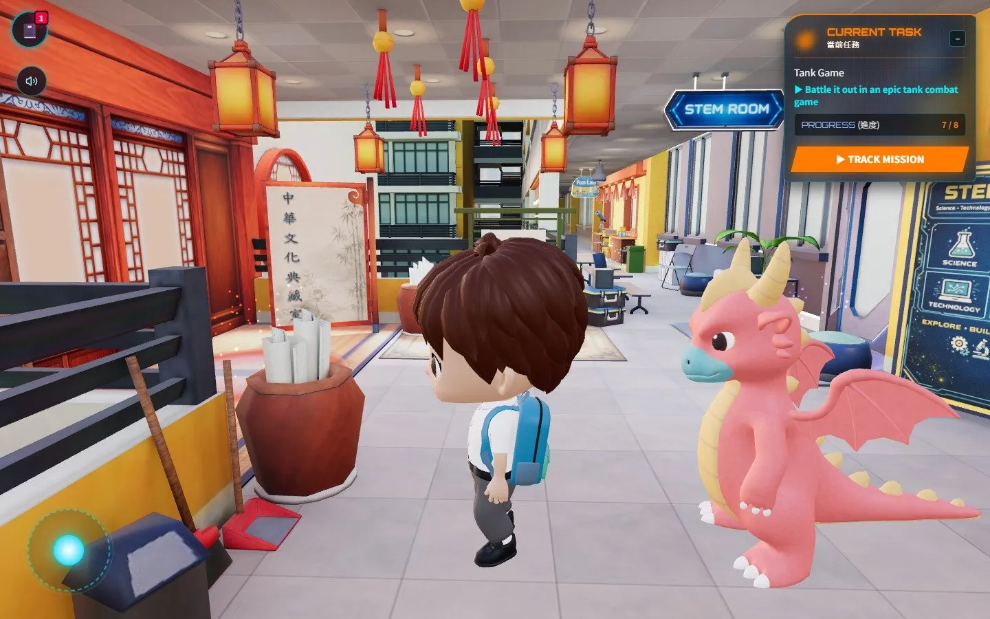 A student avatar in the school corridor with an adult dragon companion, beside the STEM Lab
