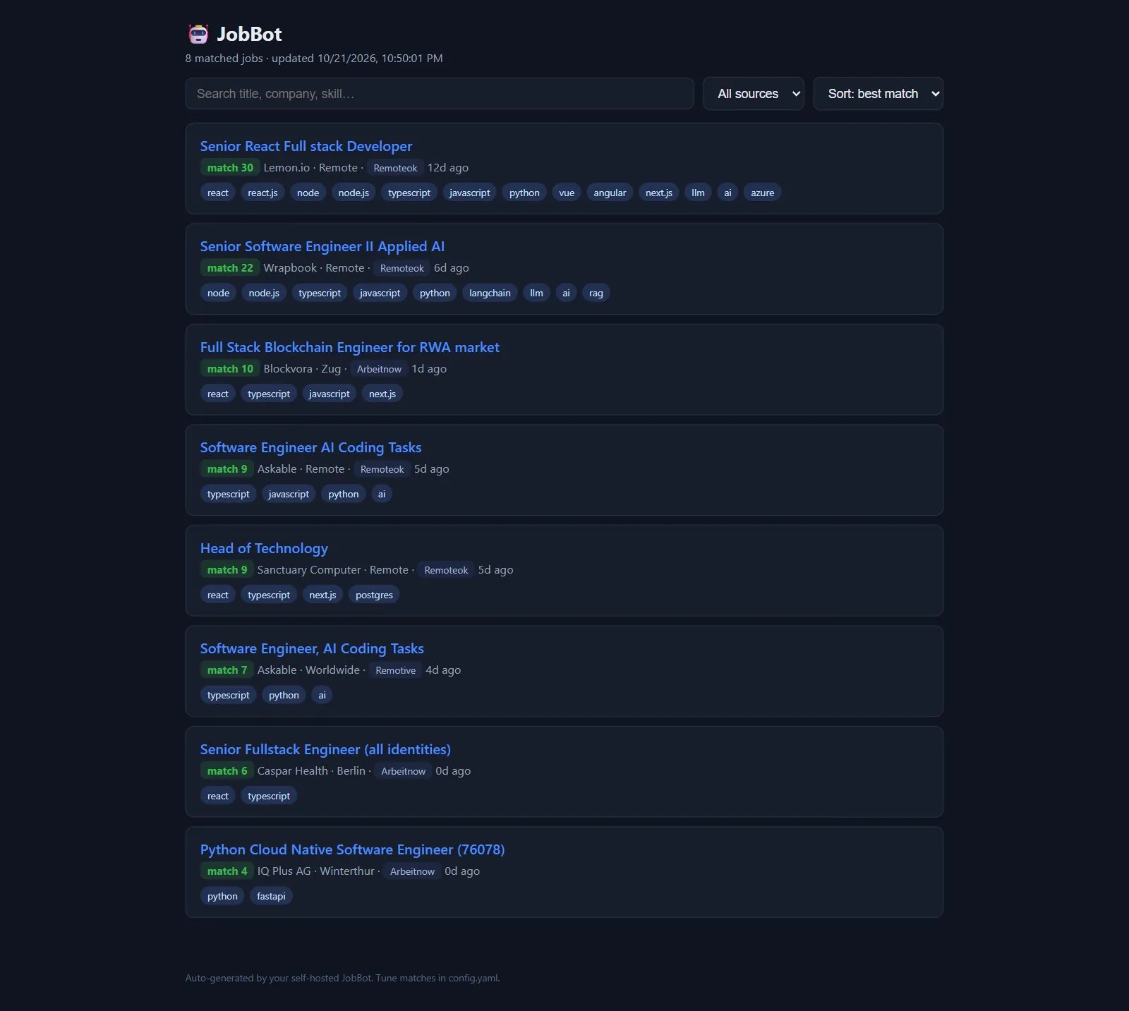 The live dashboard with matched jobs, match scores, sources and skill chips