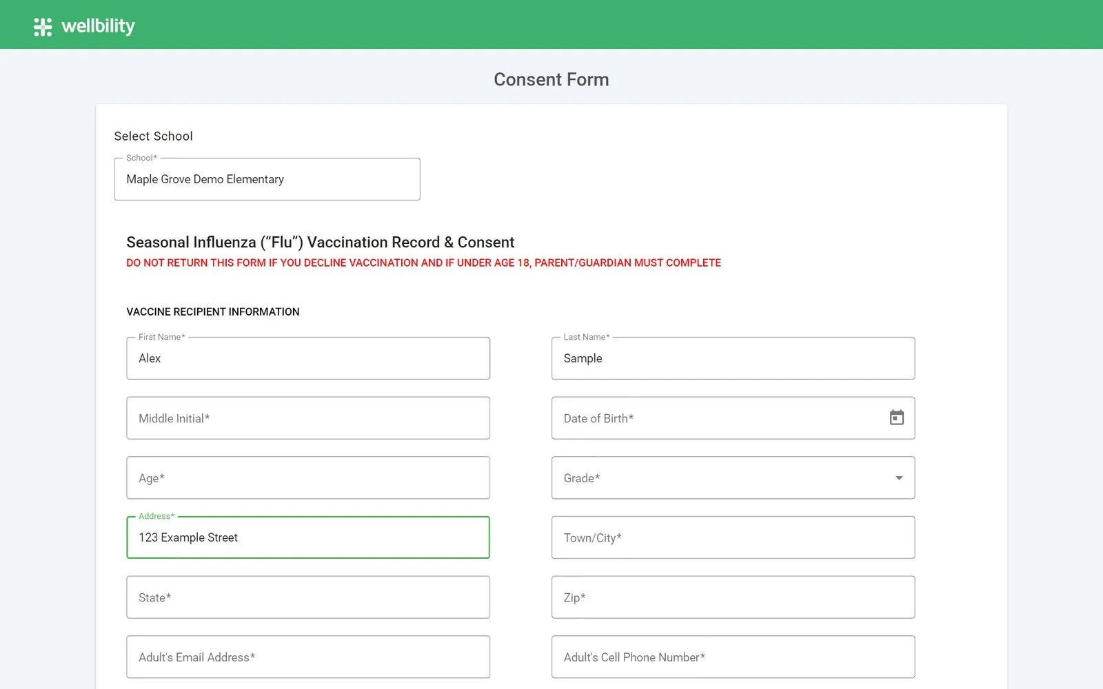 The parent-facing flu vaccination record and consent form, with school selection (sample data)