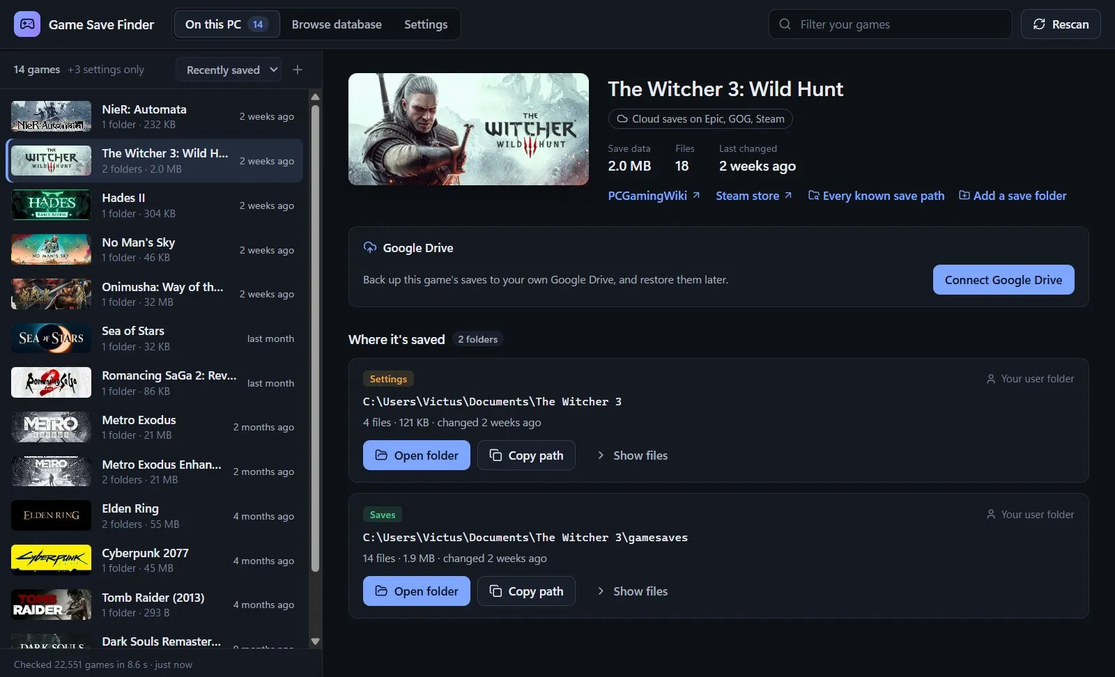 14 installed games found, with cover art. The Witcher 3 is selected, showing its settings and saves folders
