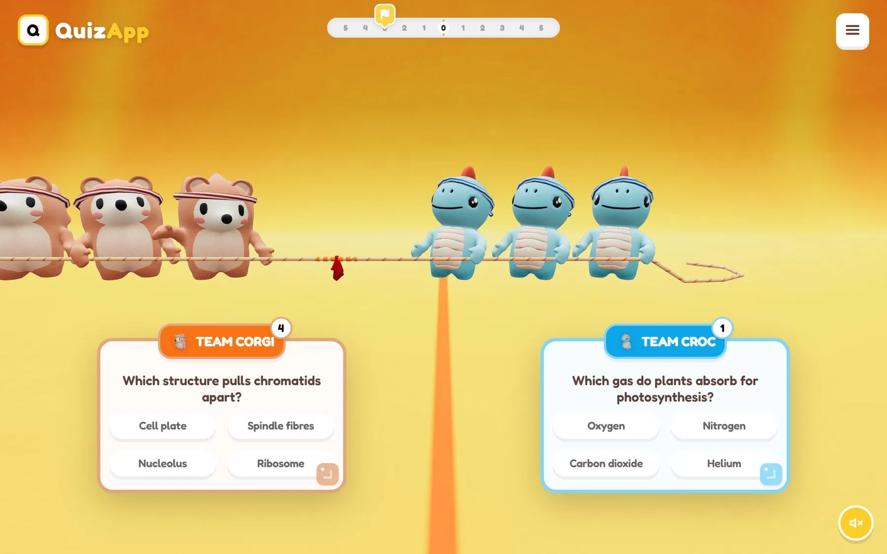 Tug of War mid-game: each team answers its own biology question card