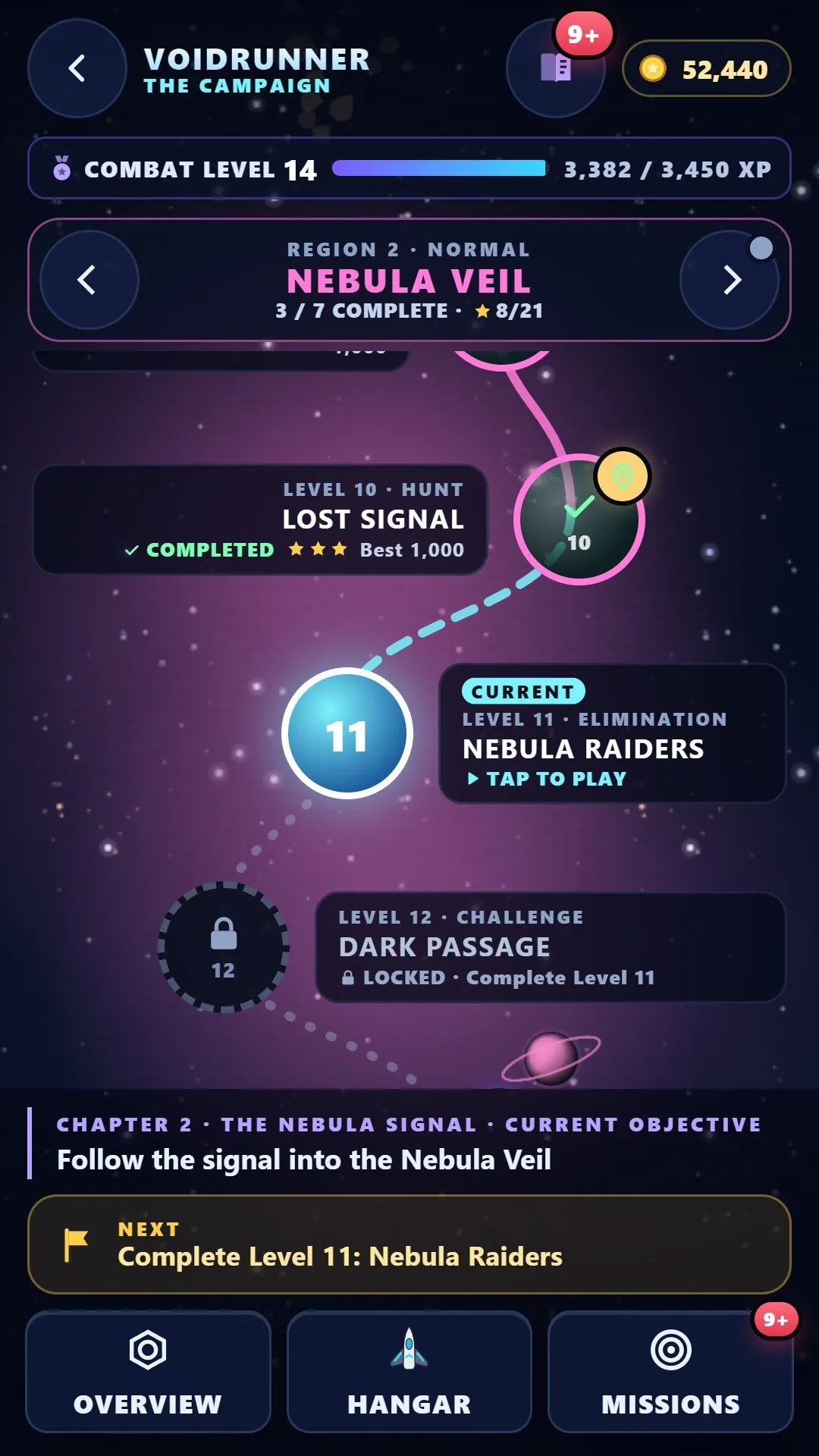 Galaxy map in the Nebula Veil region, with the next mission and the chapter objective