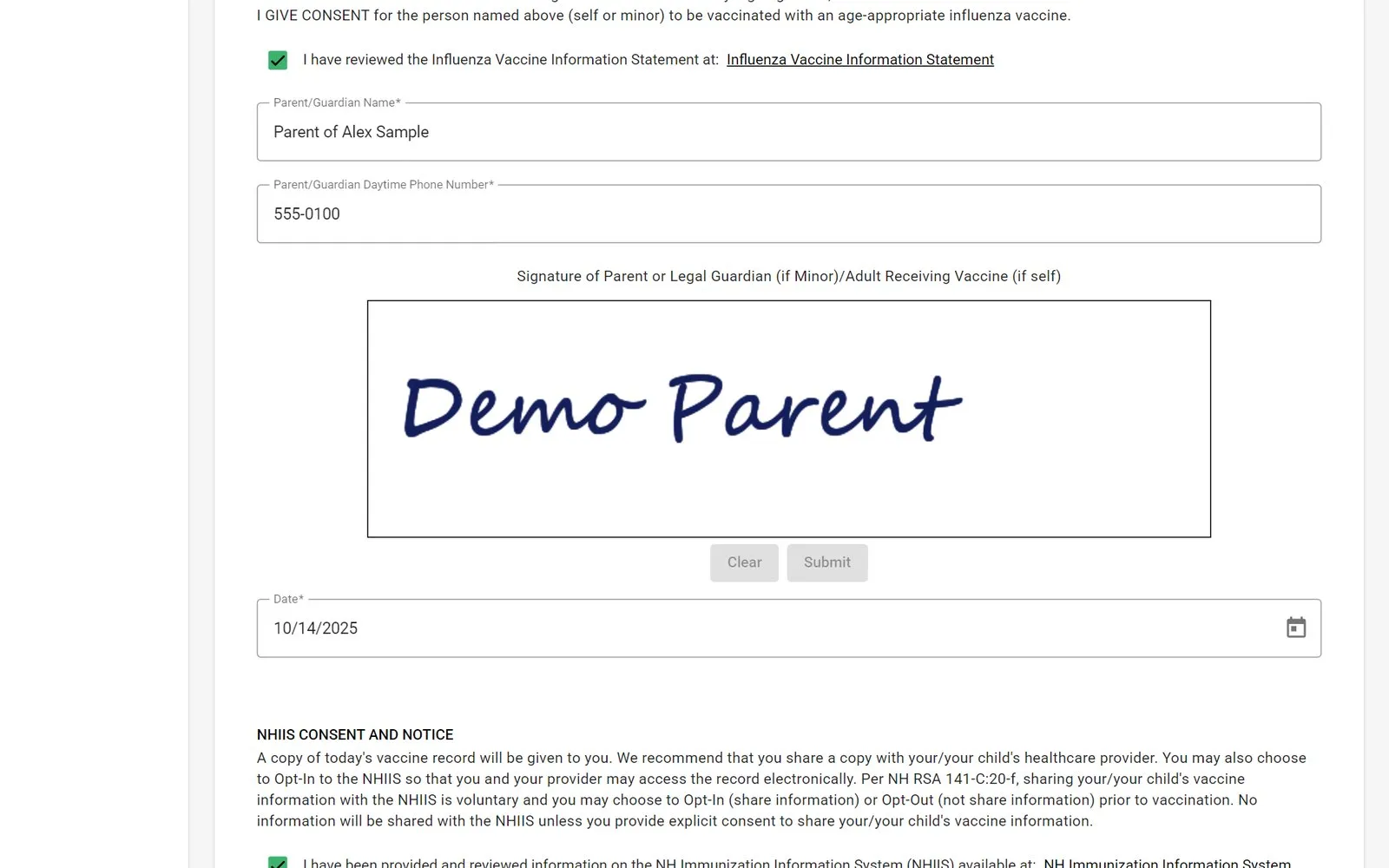 Consent section with the parent's e-signature pad and the registry opt-in notice (sample data)