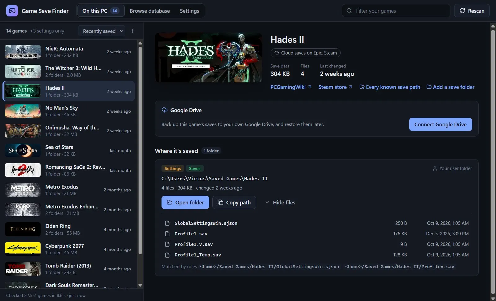 Hades II's save folder expanded, with each file's size and date, plus Open folder and Copy path
