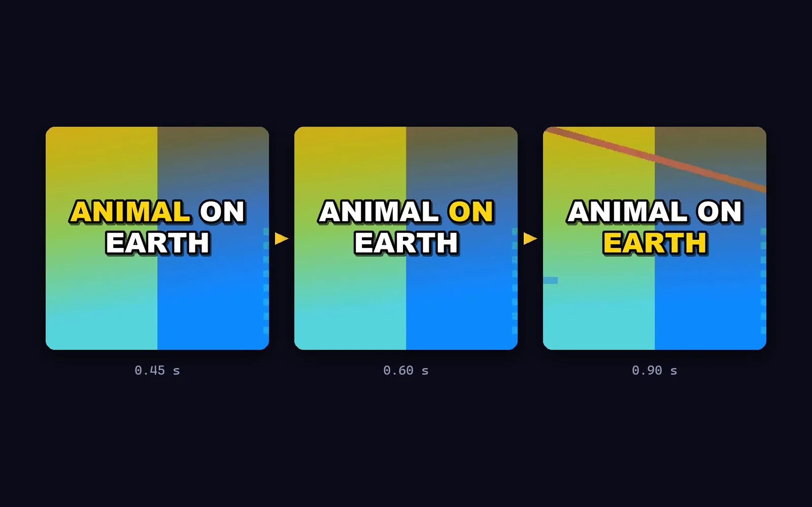 Three moments showing the yellow highlight moving word by word through a caption (placeholder background)