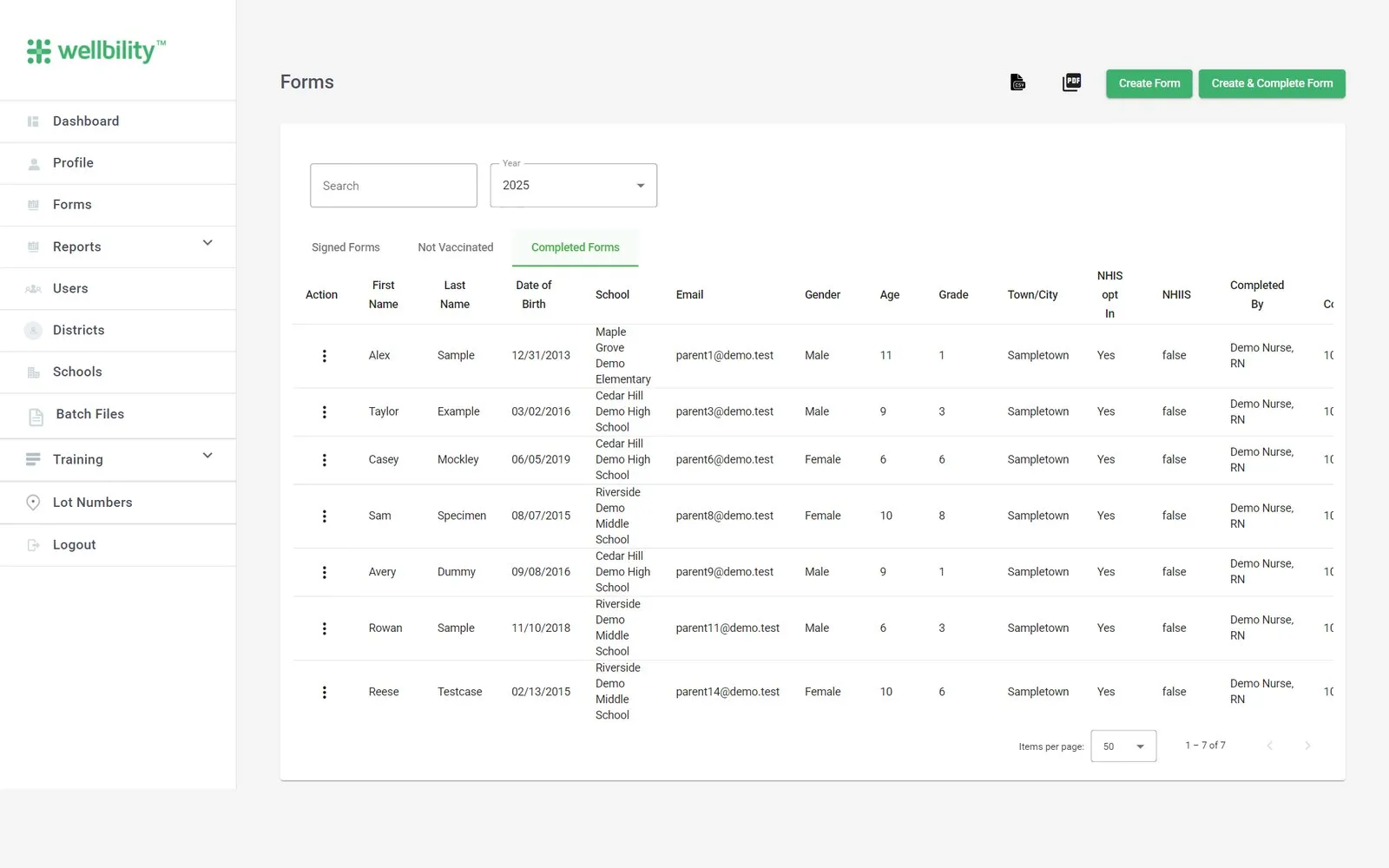 Staff view of completed forms per student, with registry opt-in, the nurse who completed it and CSV and PDF export (sample data)