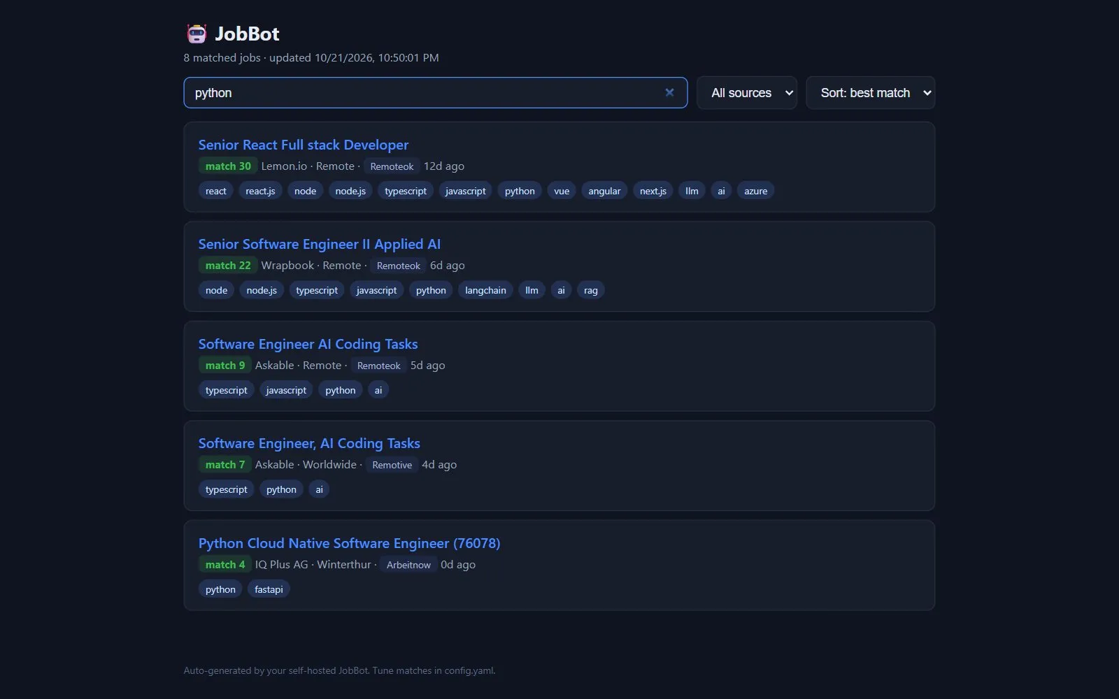 The dashboard filtered to jobs that need Python