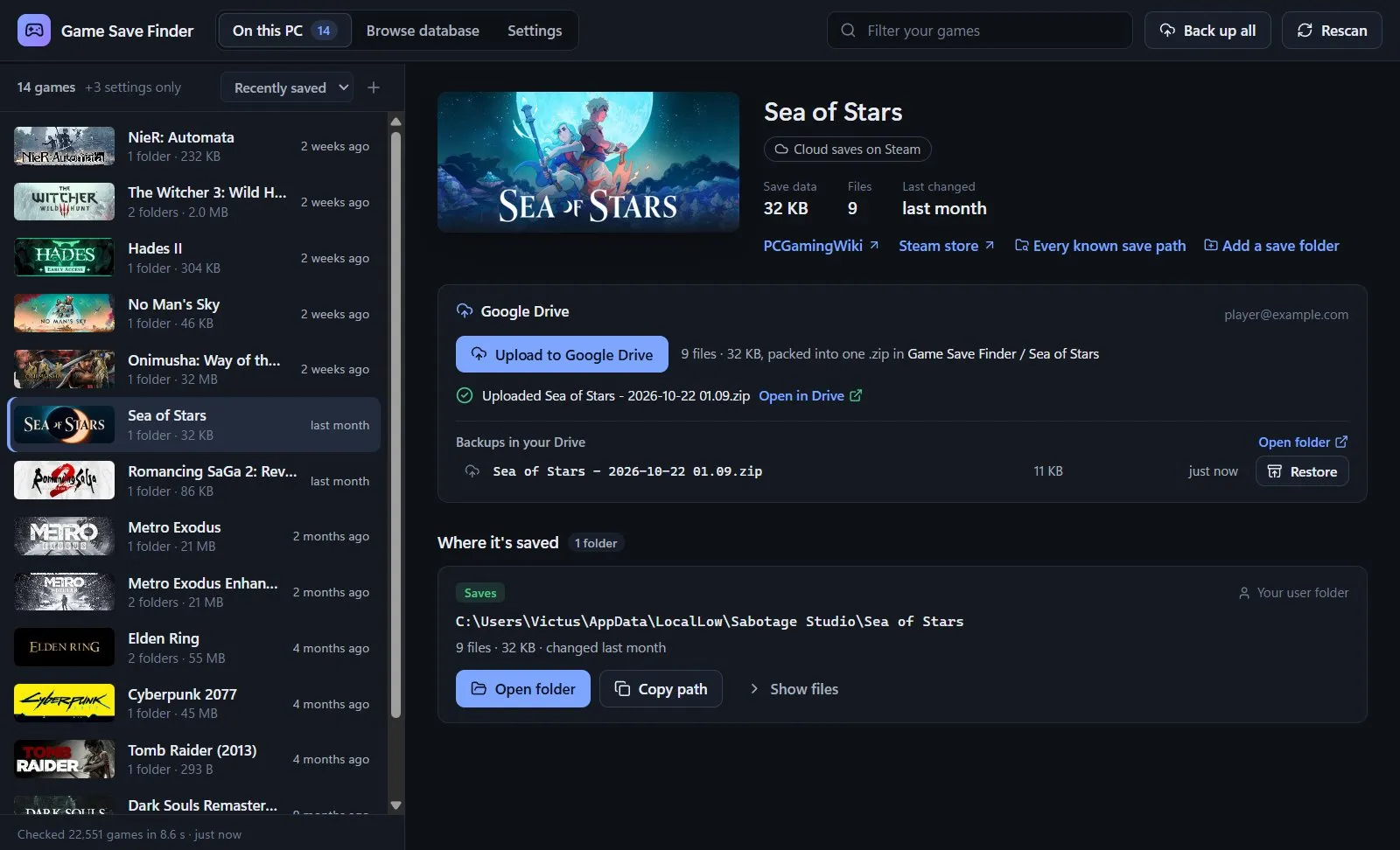 Google Drive connected: Sea of Stars saves uploaded in one click, with the backup ready to restore