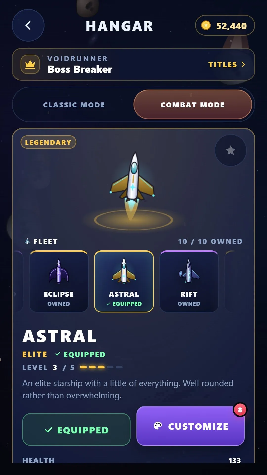 Hangar with the legendary ship Astral equipped and the full fleet owned