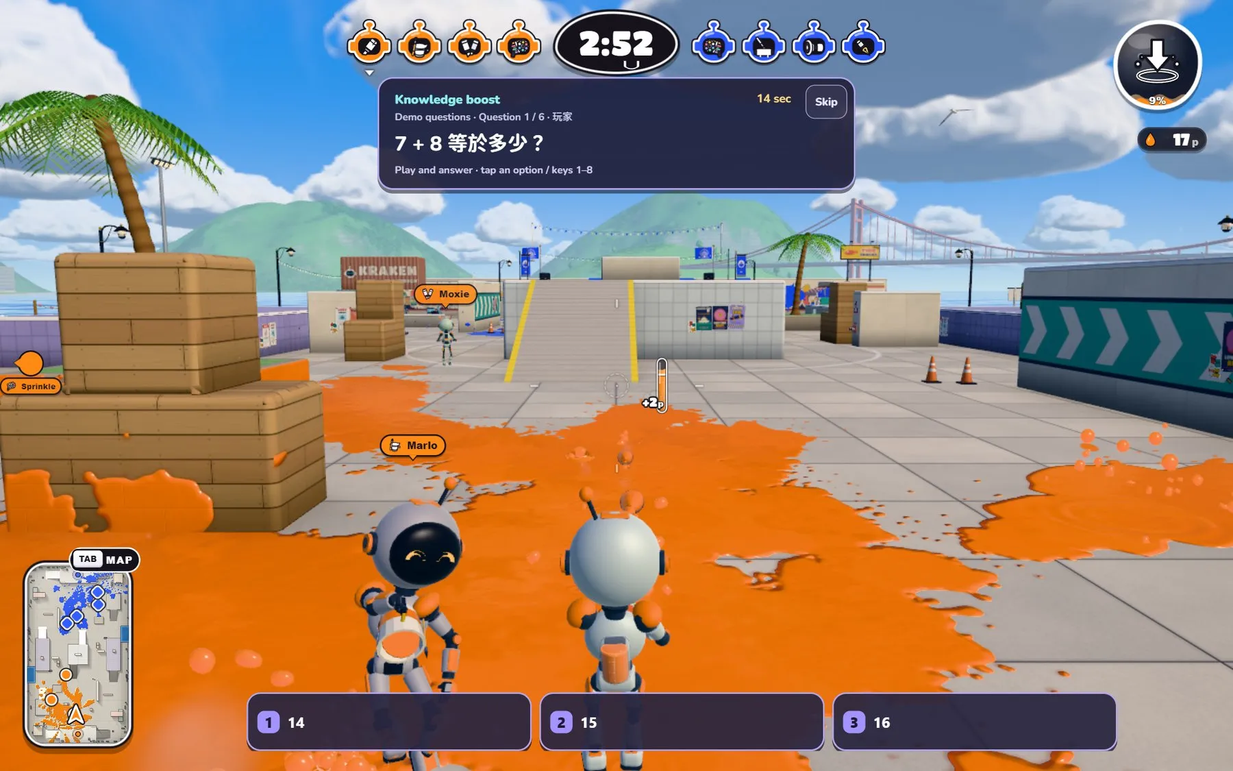 INK-Shoot 4v4 turf battle with a knowledge-boost maths question during play