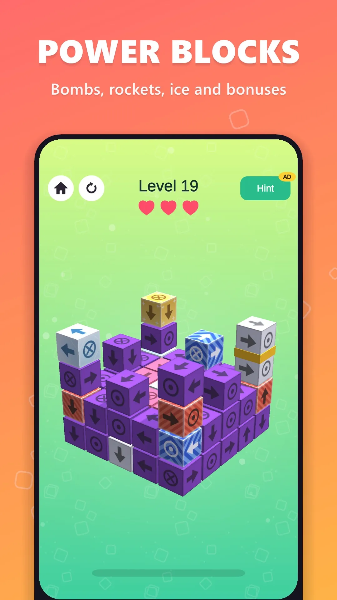 Power blocks: bombs, rockets, ice and bonuses