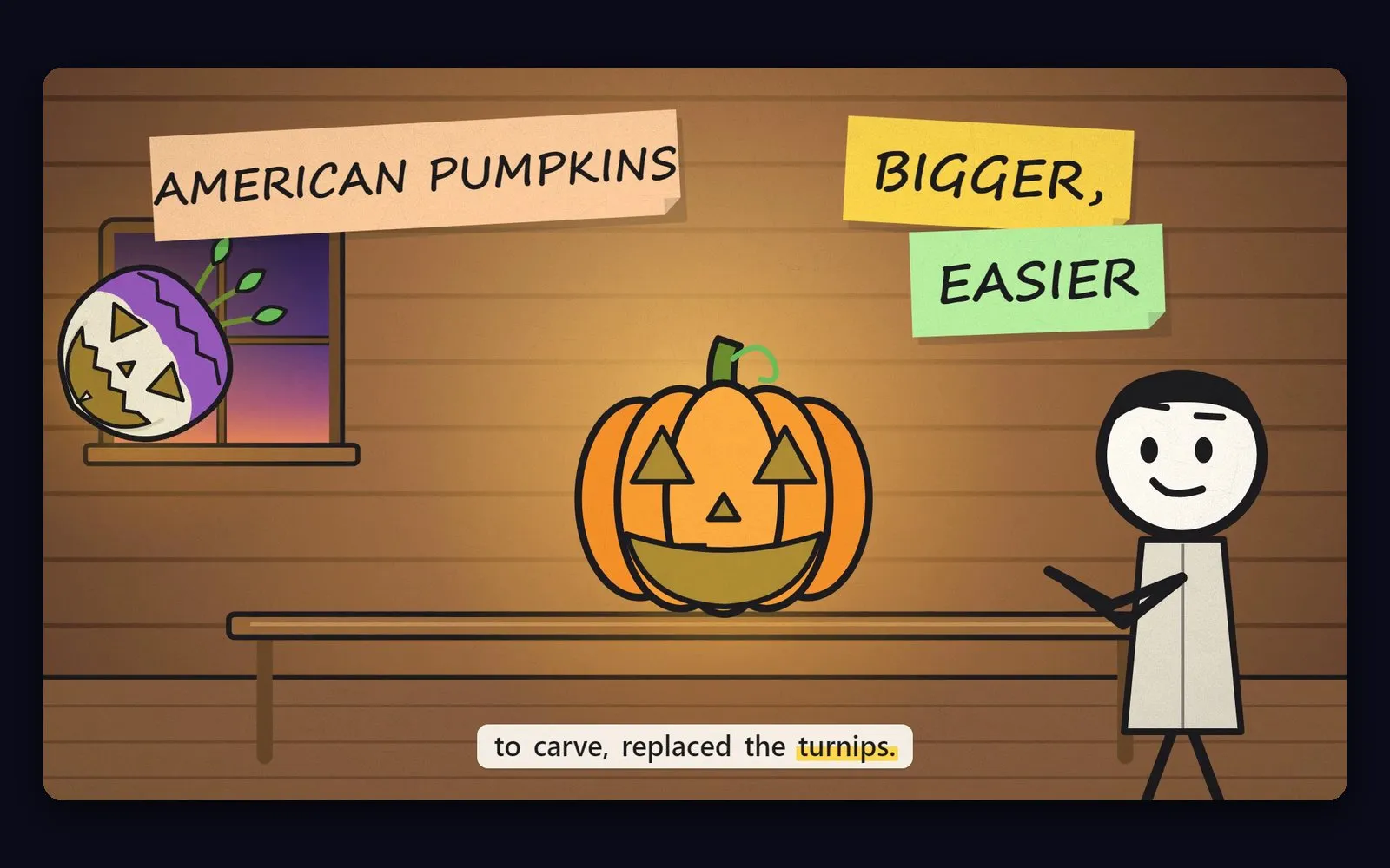 Animated scene: the narrator beside a carved pumpkin and a turnip lantern, with sticky notes