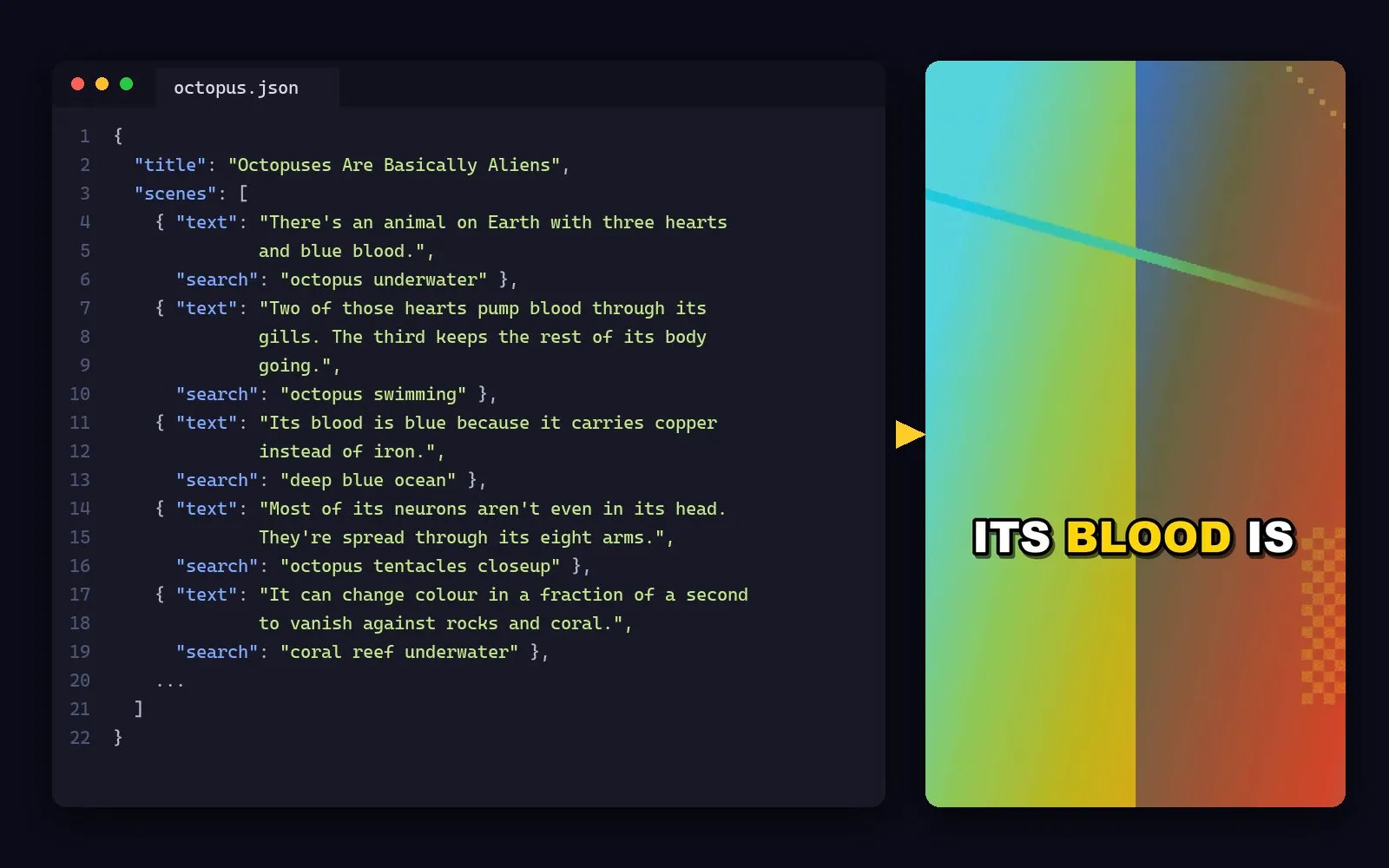 The script file a chatbot wrote, next to the frame it produced