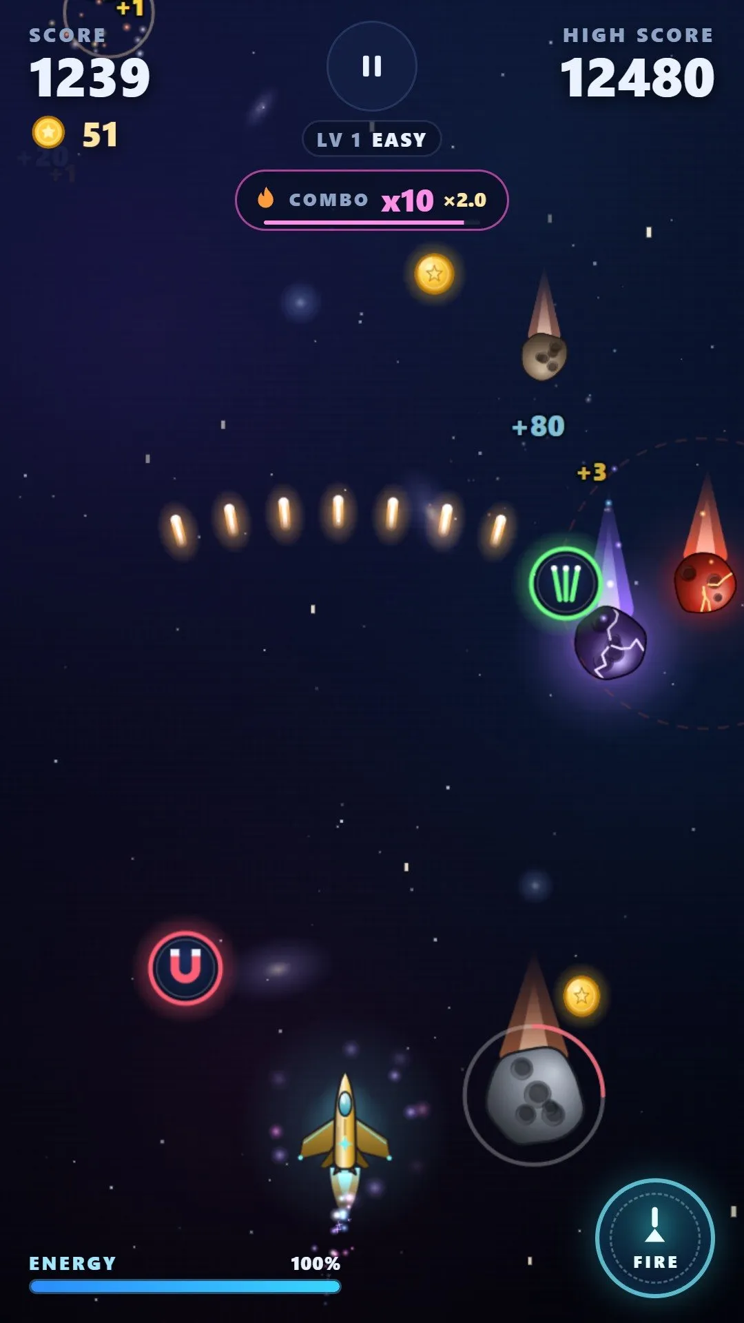 Classic mode: dodging meteors, collecting a coin trail with a magnet power-up