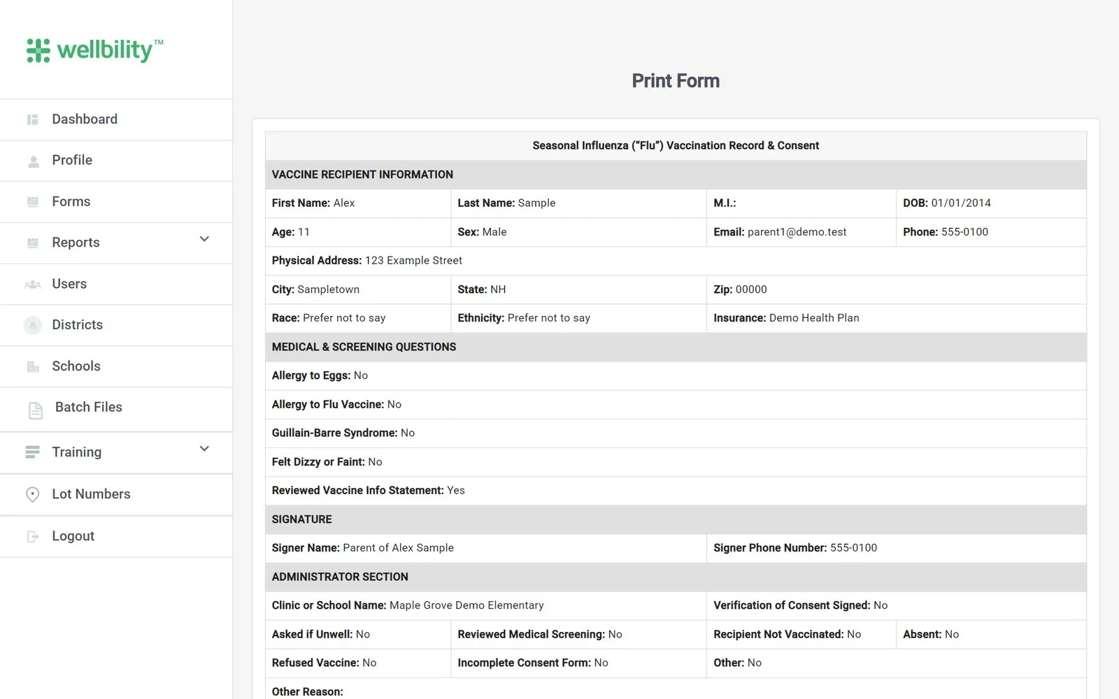 Printable vaccination record with recipient details, screening answers and signatures (sample data)