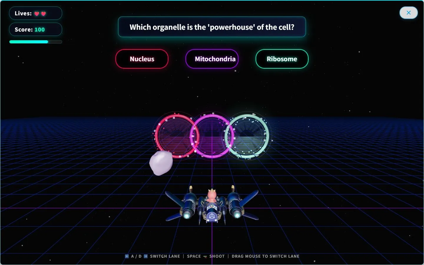 Trivia Runner 3D: a spacecraft flies through answer portals for a biology question