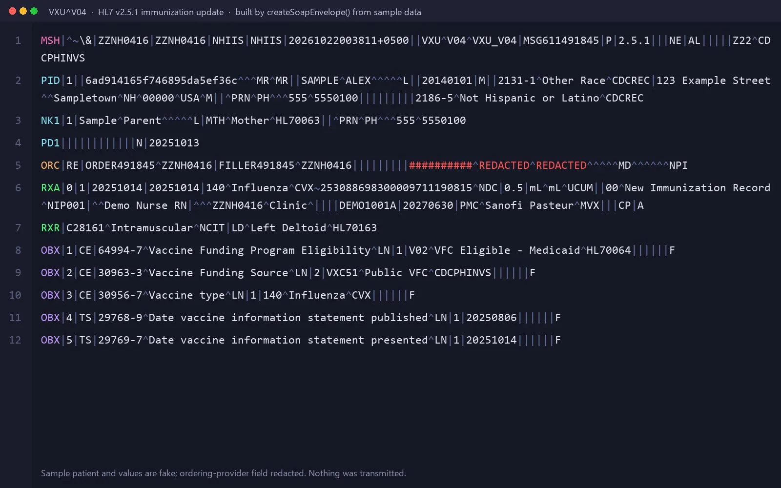 An HL7 v2.5.1 VXU message built by the platform from a sample record, provider field redacted