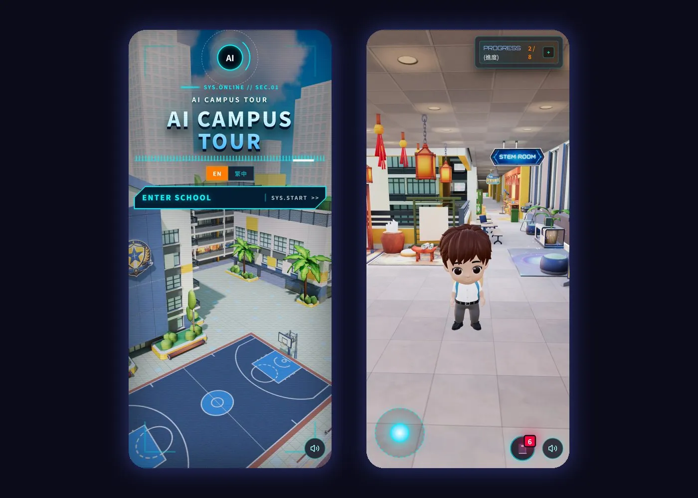 Phone layout with the intro screen and the touch joystick in the 3D world