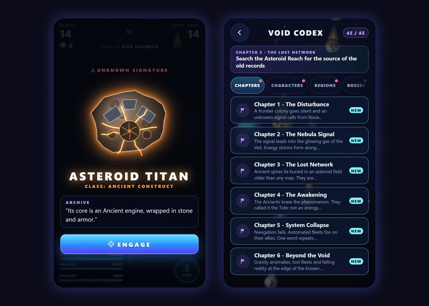 Story intro for the Asteroid Titan boss, next to the Void Codex with all 45 entries