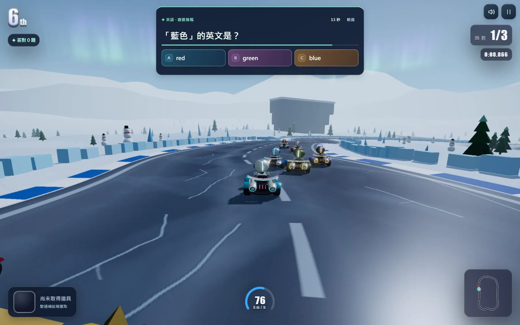 Knowledge Kart on the snow track, with a vocabulary question mid-race