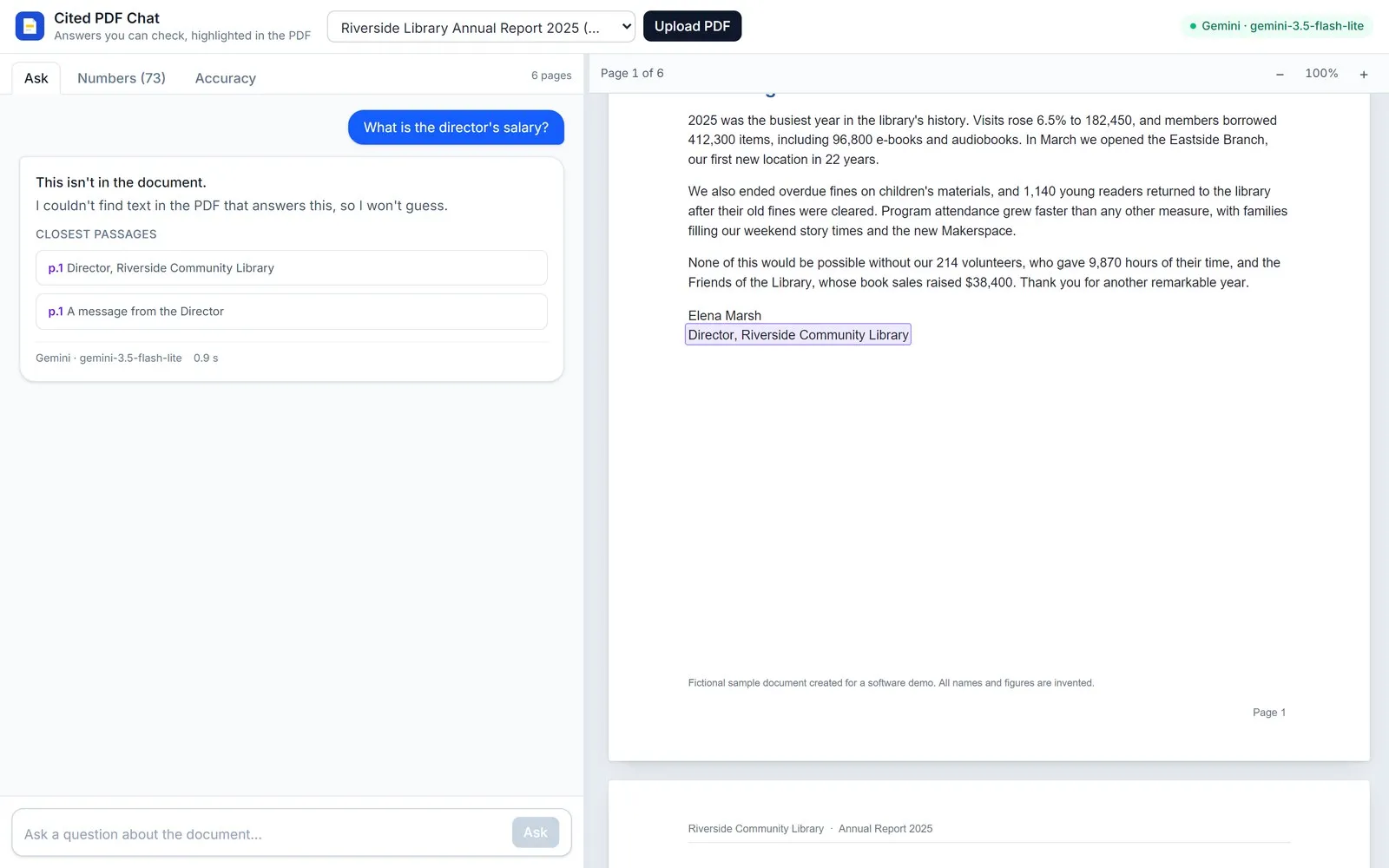 Out-of-scope question: the chatbot says it isn't in the document instead of guessing