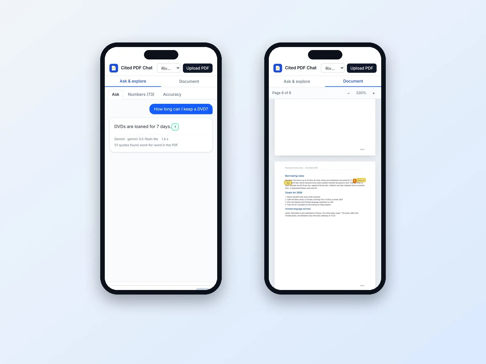 Mobile layout with the answer view and the cited page