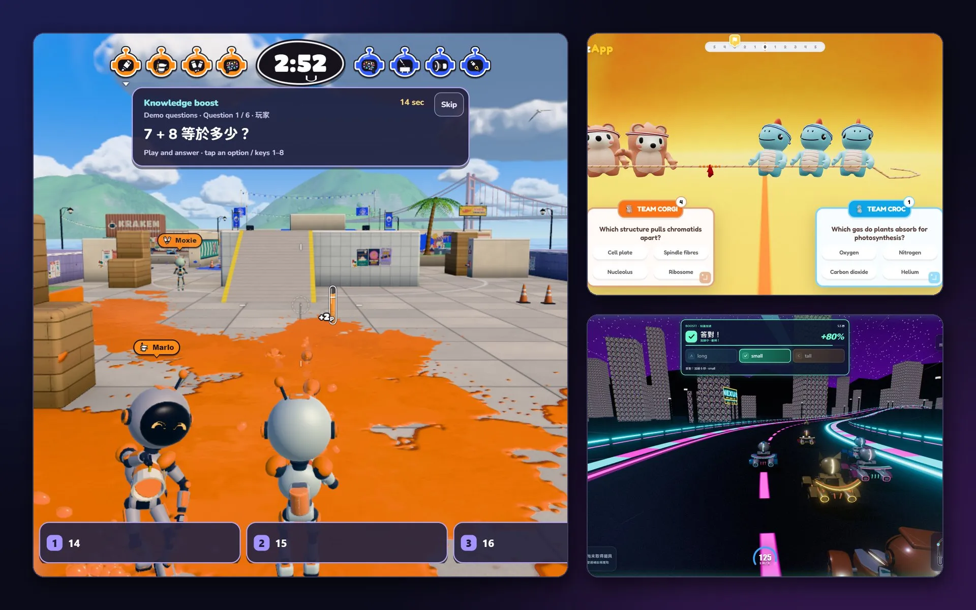 Three classroom games, an ink turf battle with a quiz prompt, Tug of War mid-game and Knowledge Kart with an answer boost