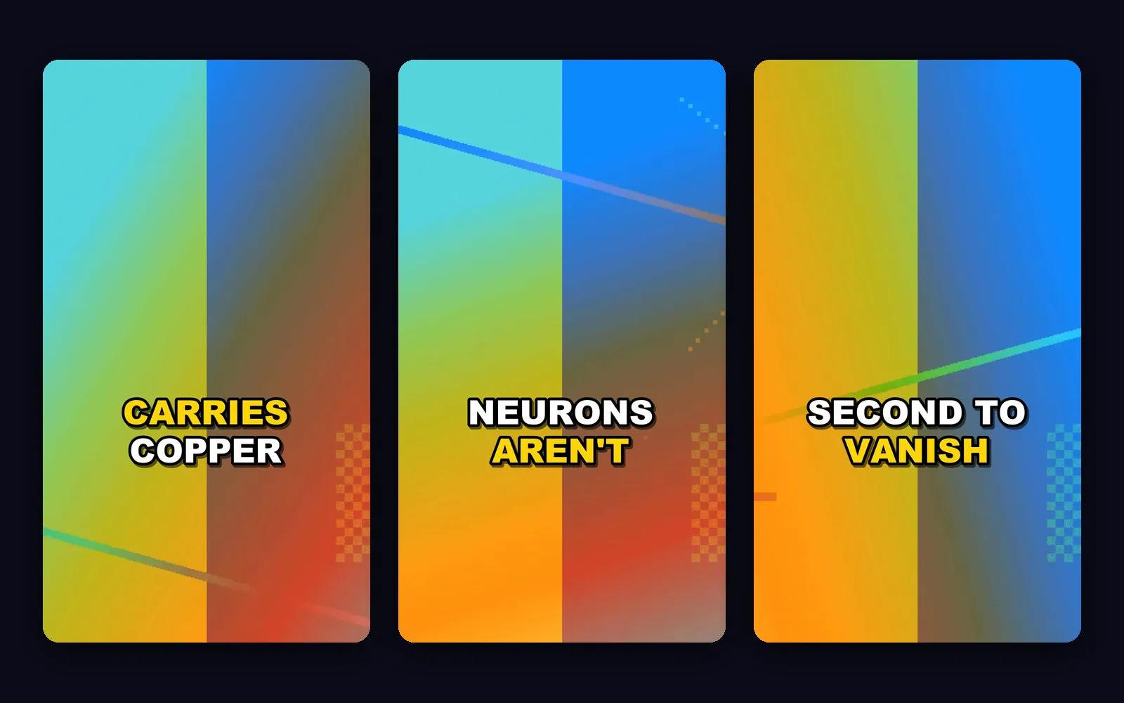 Three vertical Short frames with big bold captions, the current word highlighted in yellow (test render with a placeholder background)
