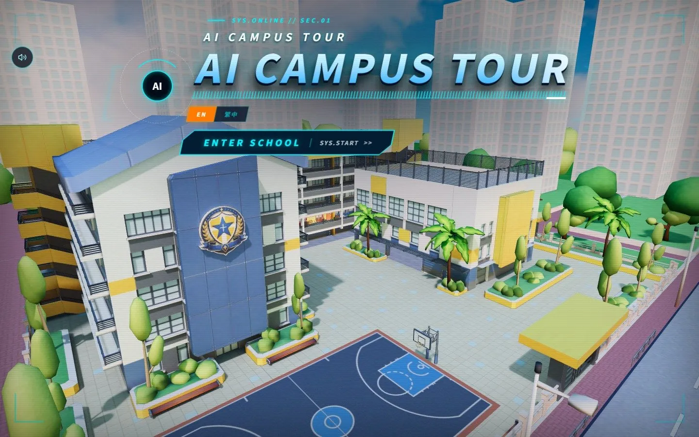 The AI Campus Tour intro screen over a 3D school campus, with an English and Traditional Chinese switch