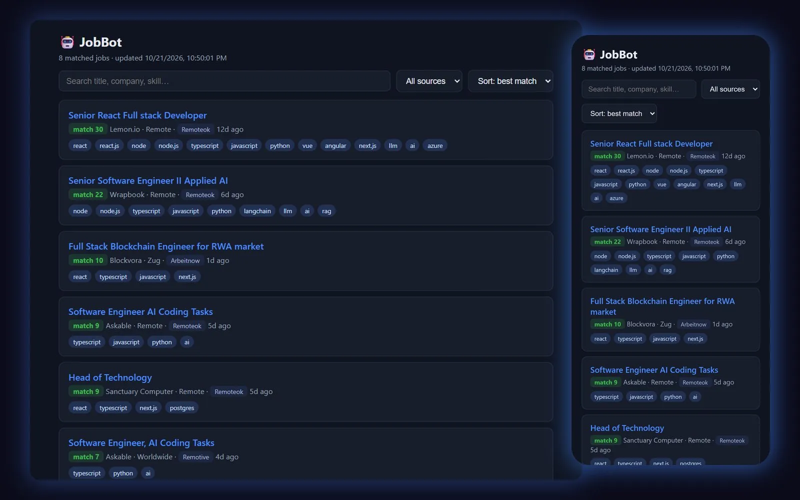 The live JobBot dashboard on desktop and on a phone