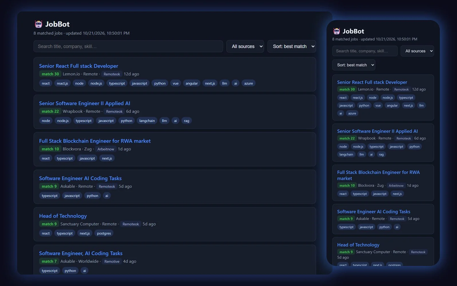 The live JobBot dashboard on desktop and on a phone