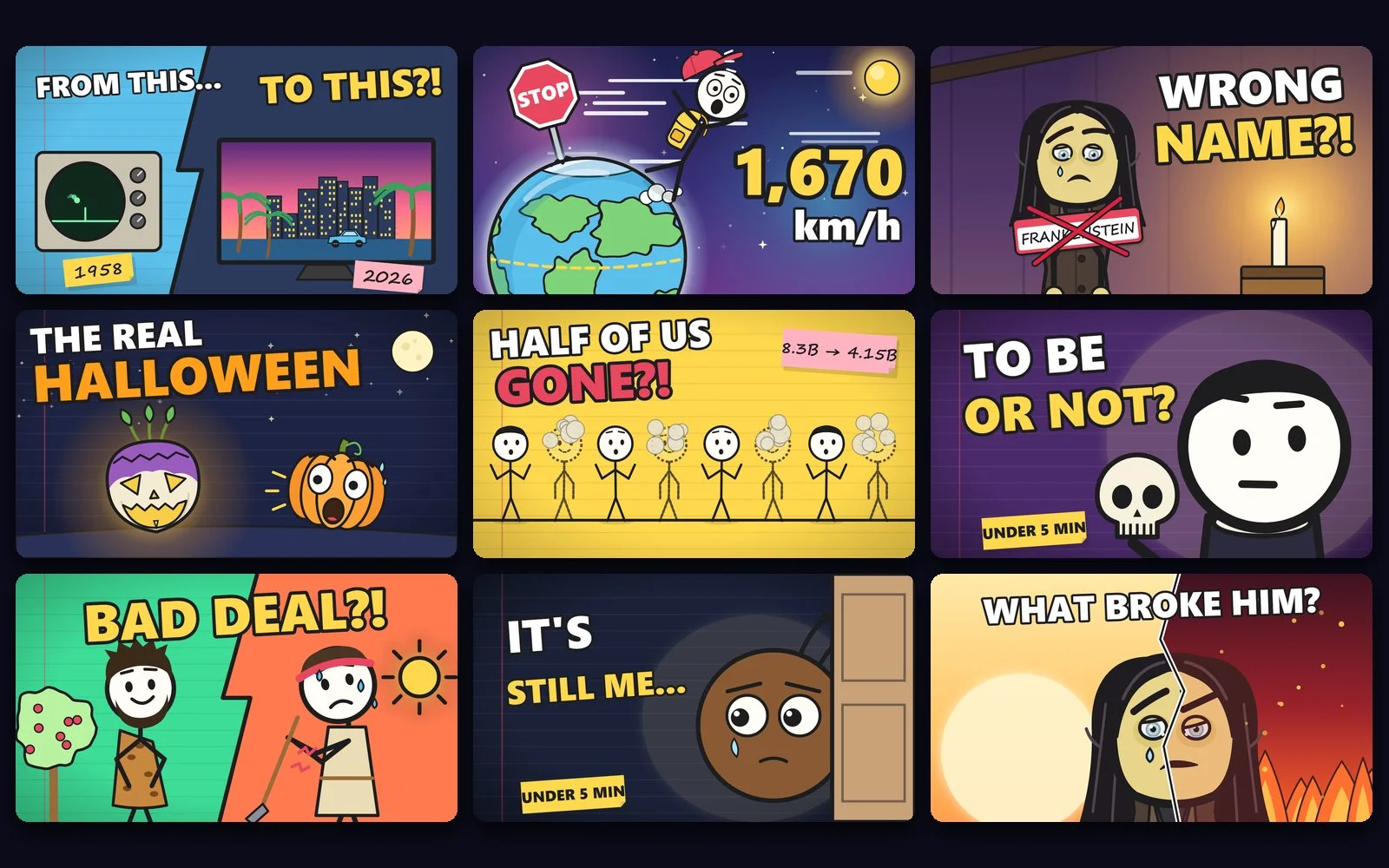A wall of nine StickyBrief video thumbnails, from "The Real Halloween" to "1,670 km/h"