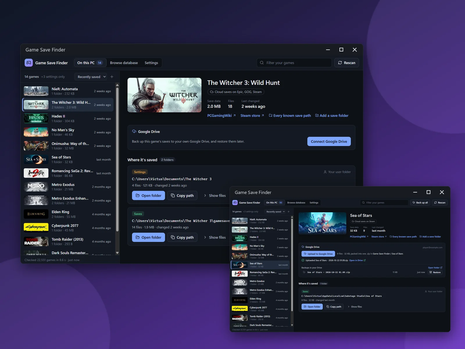 Game Save Finder listing installed games with their cover art, The Witcher 3's save folders and a Google Drive backup of Sea of Stars