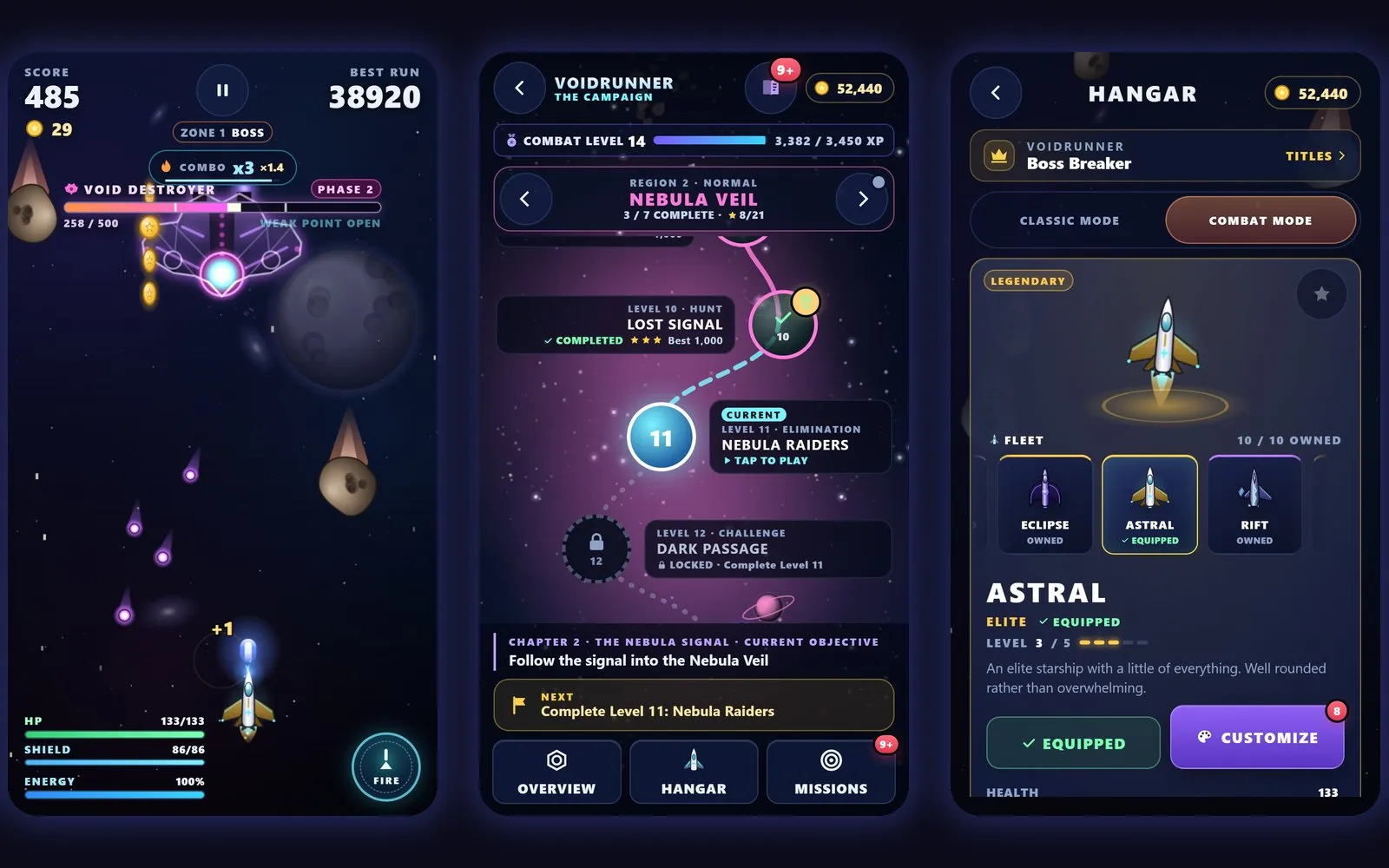 Three VOIDRUNNER screens, a boss fight, the campaign galaxy map and the hangar